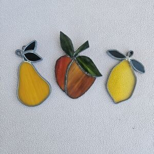 VTG Fruit Stained Glass Suncatcher Country Lemon Peach Pear Hanging 5"